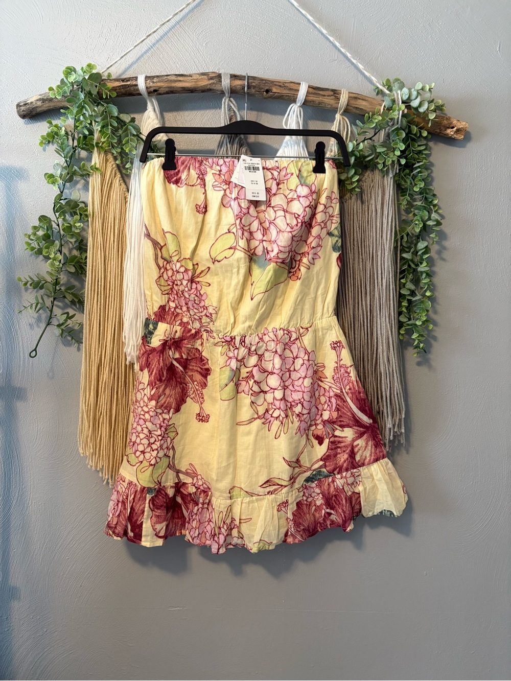 Abercrombie & Fitch Yellow Tropical Floral Print Strapless Mini Dress